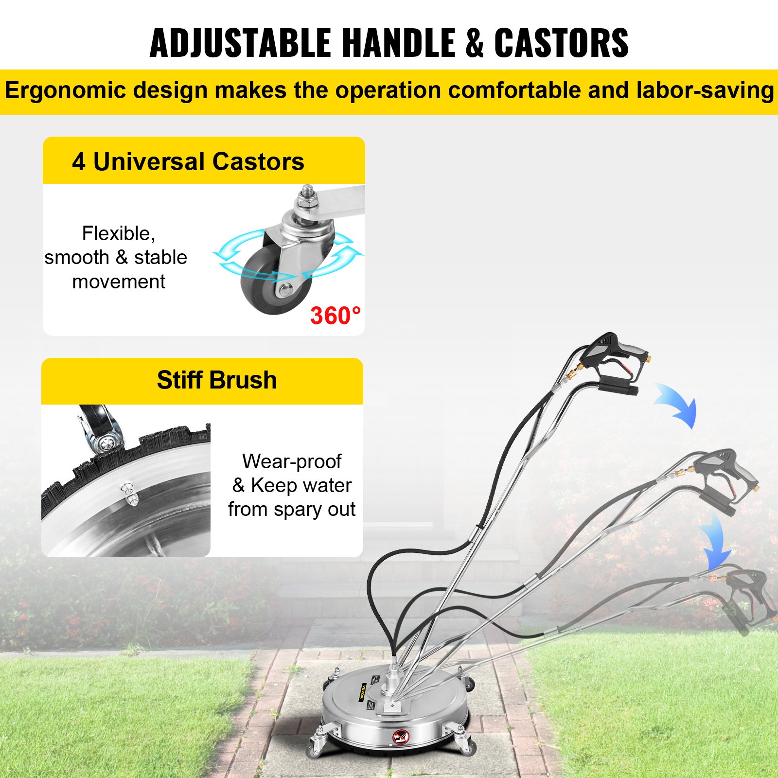 VEVOR pressure surface cleaner with adjustable handles, 4 universal castors, and wear-proof stiff brush.