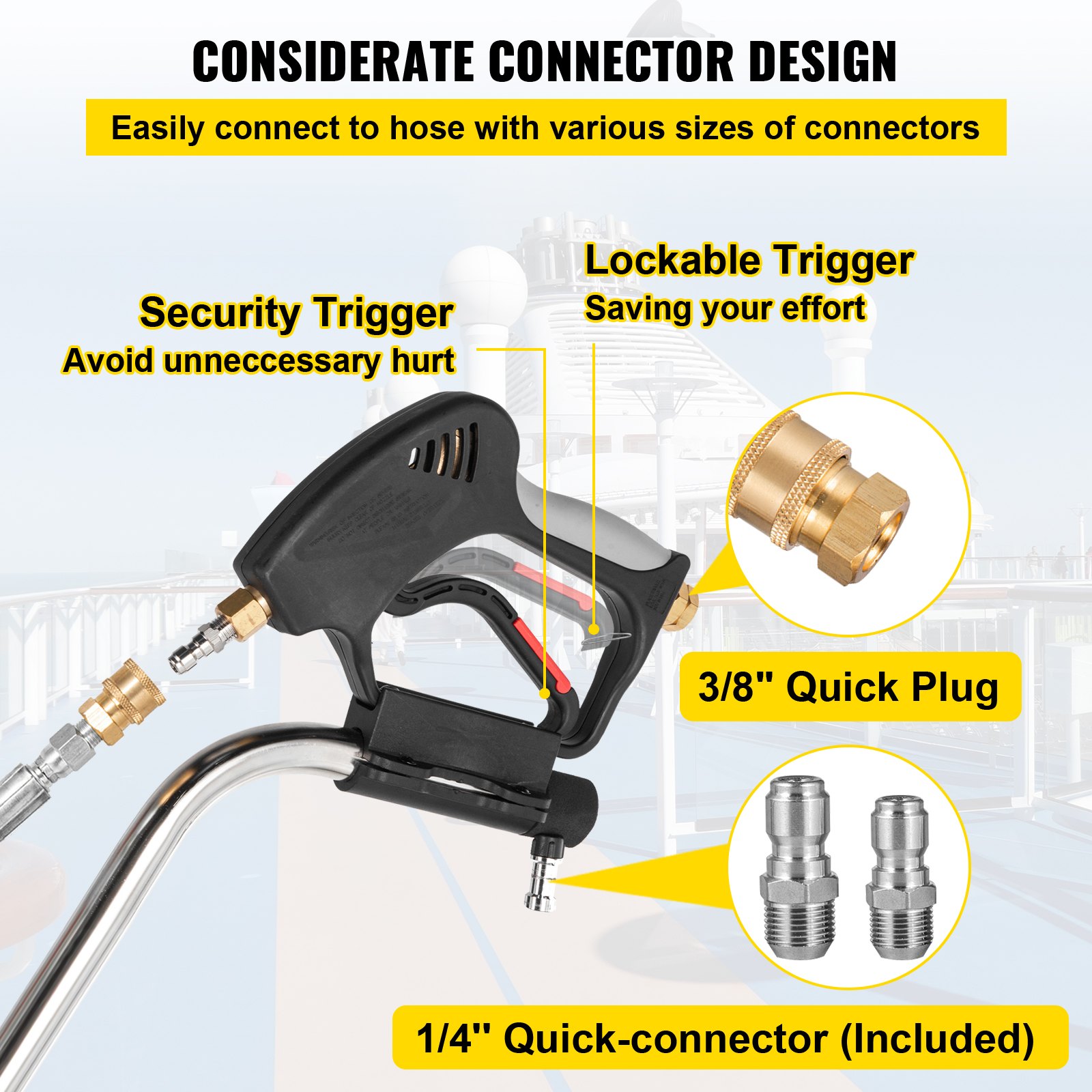 VEVOR pressure surface cleaner security and lockable trigger, 3/8&quot; quick plug, 1/4&quot; quick-connector.