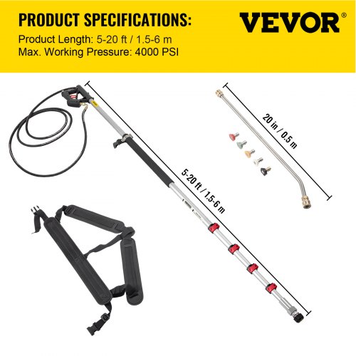 VEVOR Telescoping Pressure Washer Wand, 20 ft 5-Section Length Adjustable, Max. 4000 PSI Fit for 3/8'' Quick Connection, 5 Spray Nozzles, Belt, for Roof, Fence, Gutter, Silver