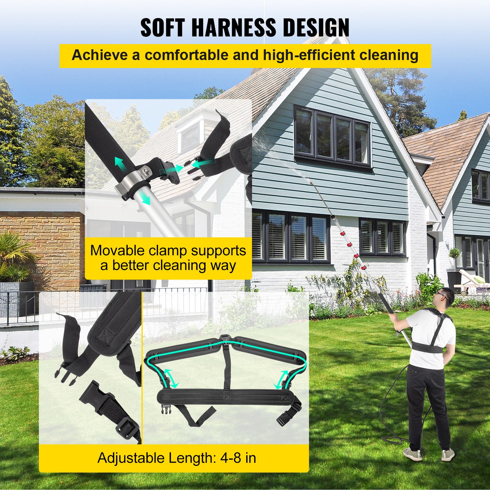 VEVOR telescoping pressure washer wand with soft harness design and movable clamp for easy cleaning.