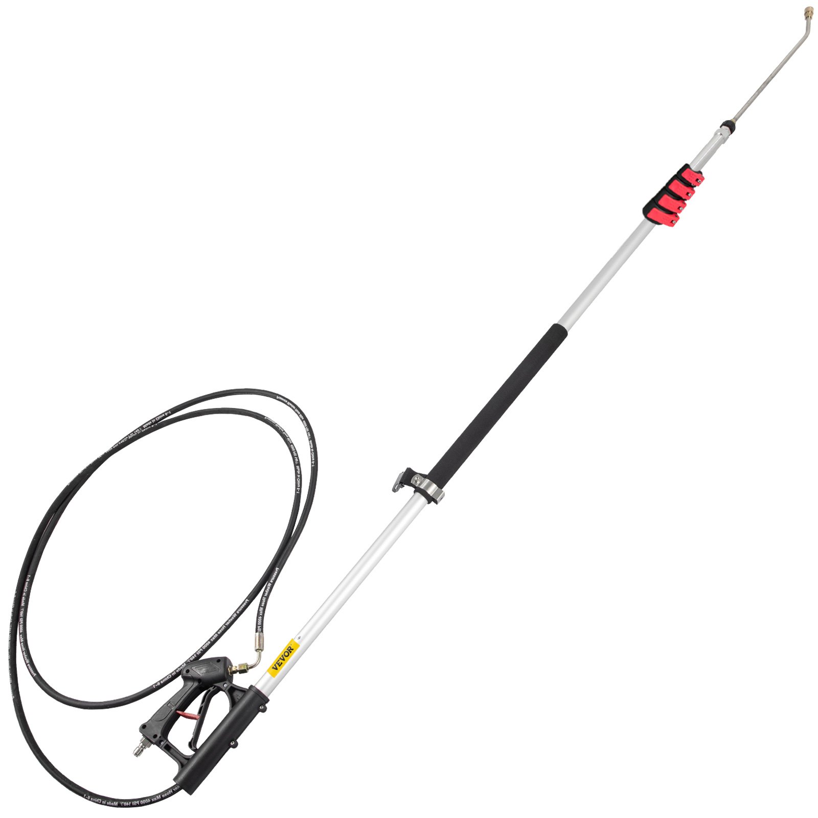 VEVOR telescoping pressure washer wand with black hose and red clamp.