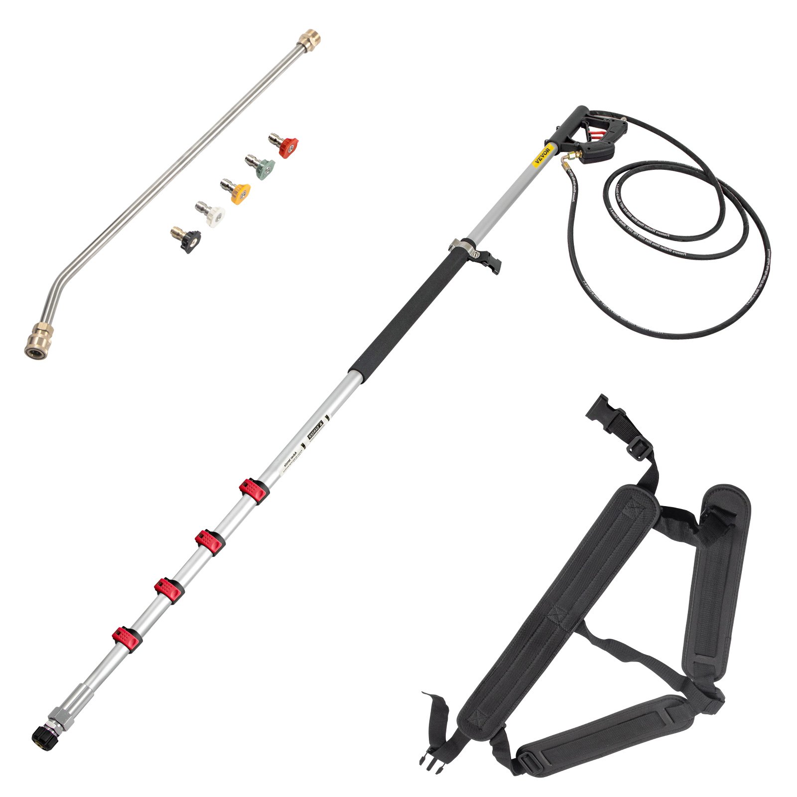 VEVOR telescoping pressure washer wand with nozzles, extension, hose, and shoulder harness.