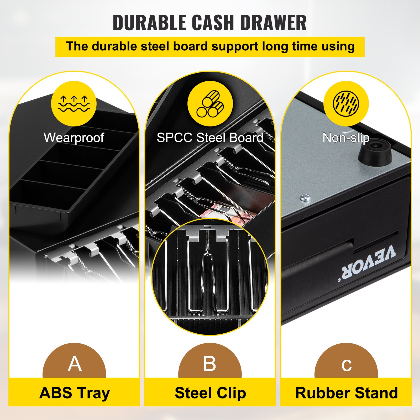 Cash Register Drawer, 13\" 12 V, for POS System with 4 Bill 5 Coin Cash Tray, Removable Coin Compartment & 2 Keys Included, RJ11/RJ12 Cable for Supermarket, Bar, Coffee Shop, Restaurant