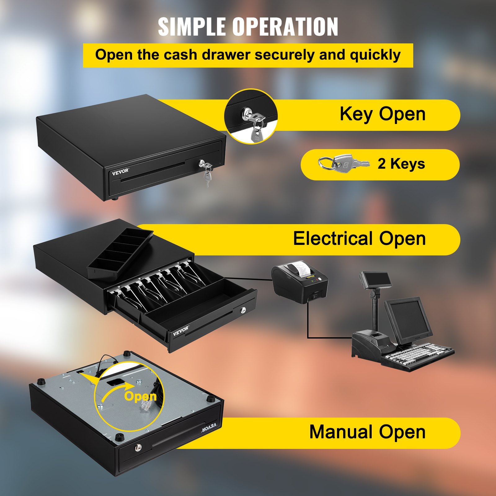 Cash Register Drawer, 13\" 12 V, for POS System with 4 Bill 5 Coin Cash Tray, Removable Coin Compartment & 2 Keys Included, RJ11/RJ12 Cable for Supermarket, Bar, Coffee Shop, Restaurant