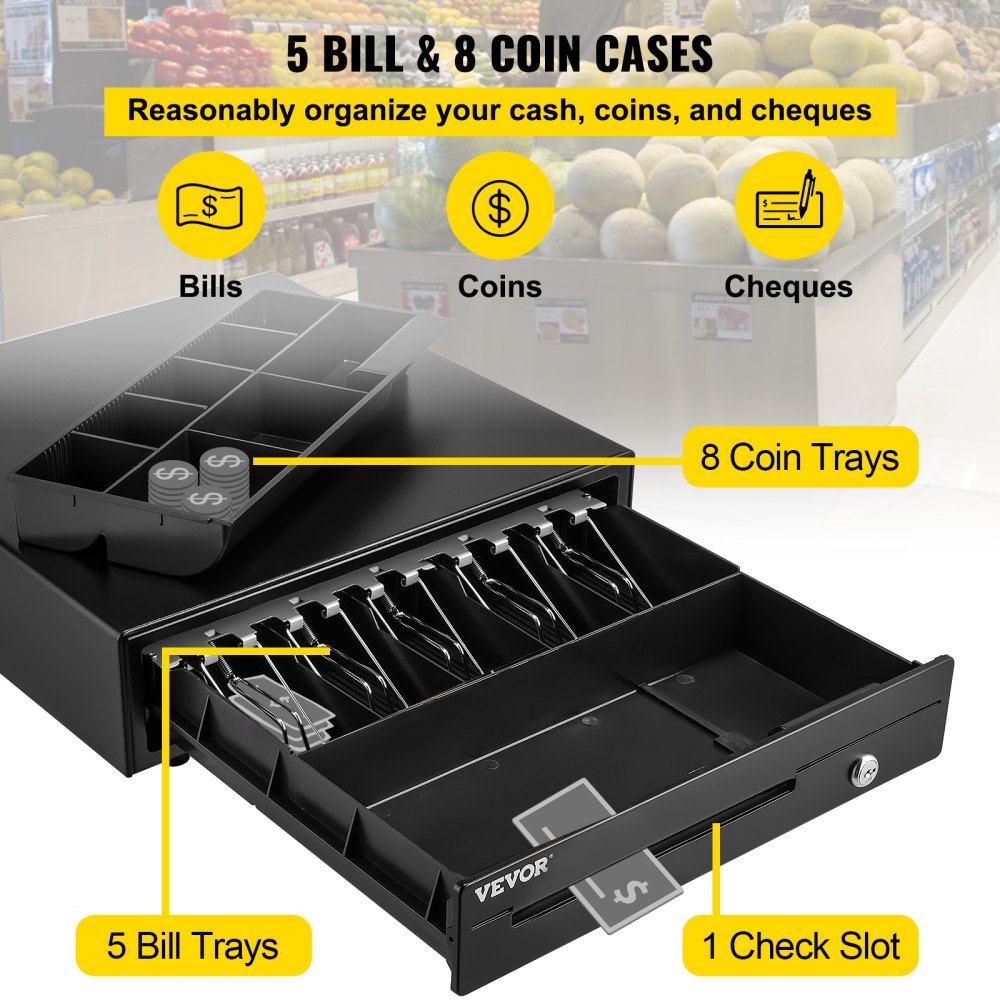 VEVOR Cash Register Drawer, 16\" 12 V, for POS System with 5 Bill 8 Coin Cash Tray, Movable Coin Compartment & 2 Keys Included, RJ11/RJ12 Cable for Supermarket, Bar, Coffee Shop, Restaurant (USD Only)