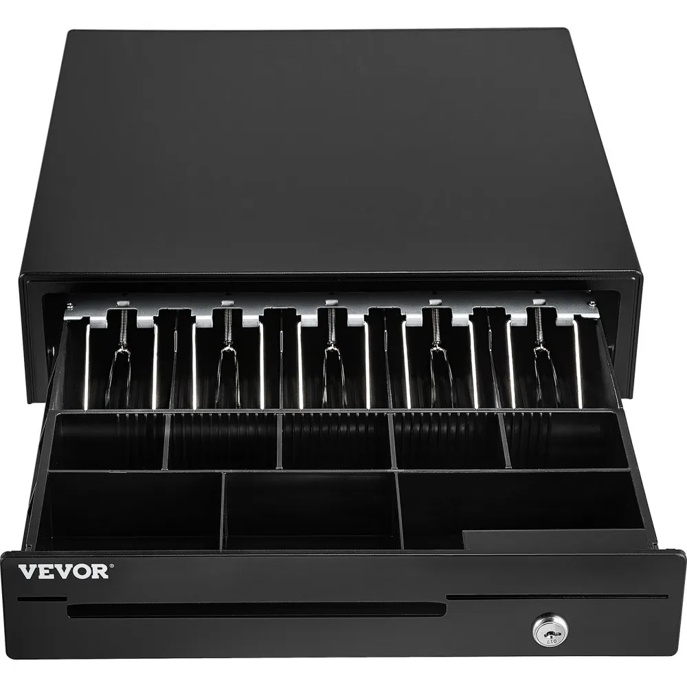VEVOR cash register drawer with multiple compartments, black exterior, and secure lock.
