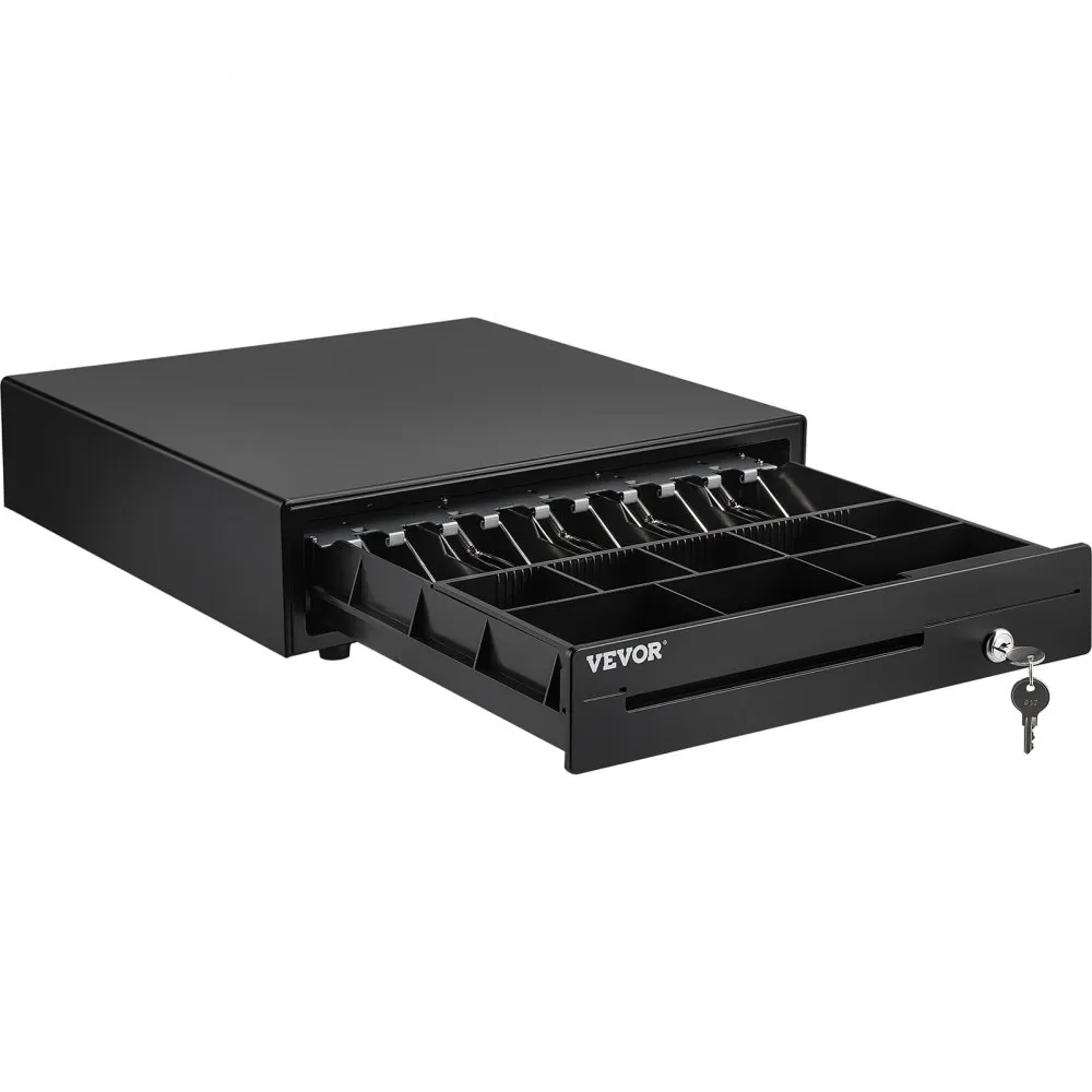 black VEVOR cash register drawer with key lock, open to show compartments for bills and coins.