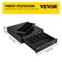 VEVOR cash register drawer, black with coin and bill compartments, dimensions: 16.1 x 16.5 x 4 in.