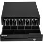 VEVOR cash register drawer with multiple compartments, black exterior, and secure lock.
