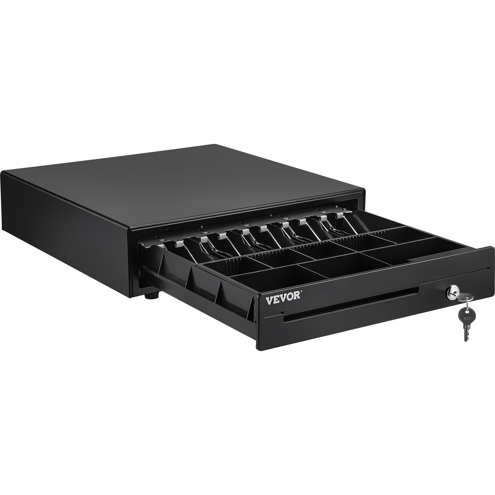 black VEVOR cash register drawer with key lock, open to show compartments for bills and coins.