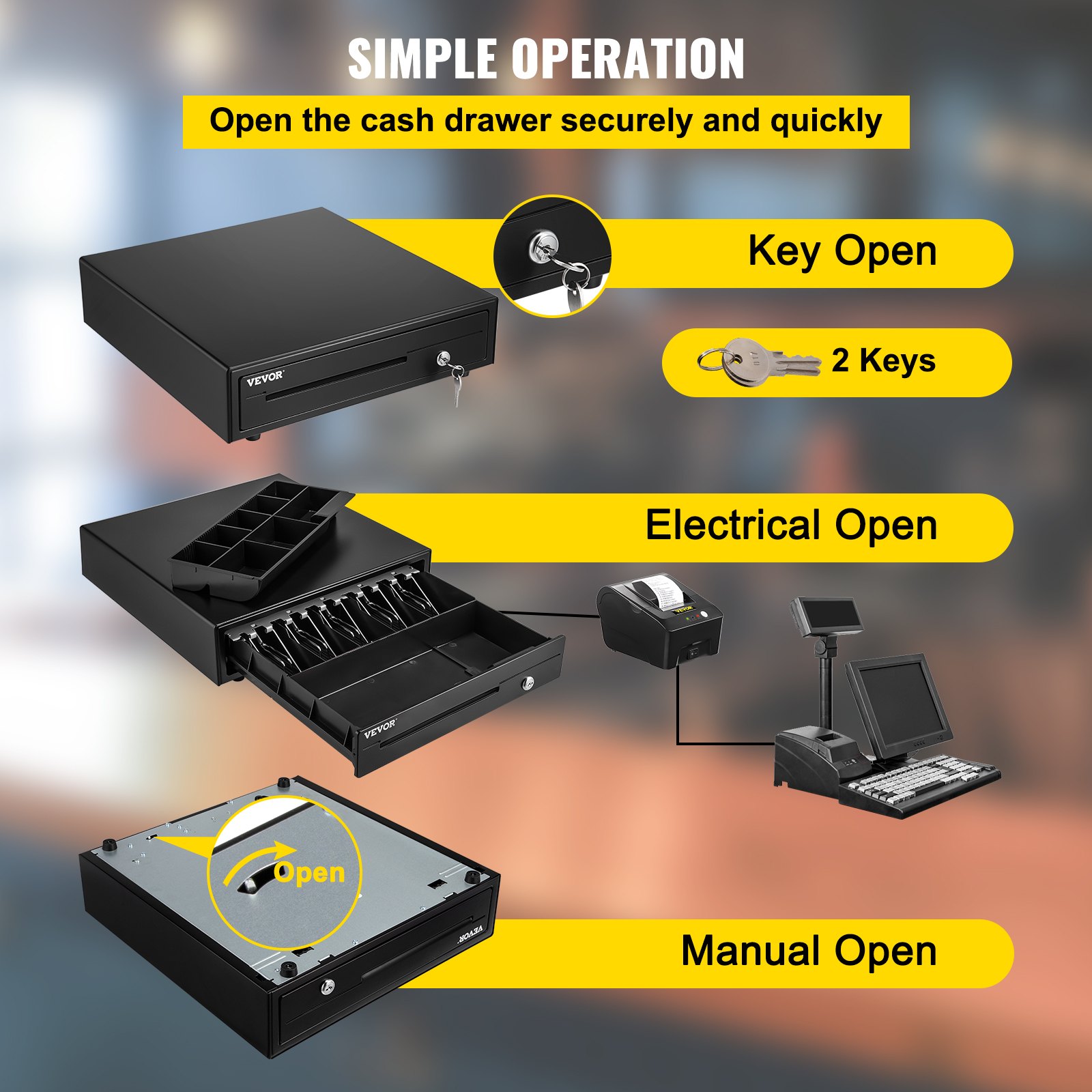 VEVOR Cash Register Drawer, 16\" 12 V, for POS System with 5 Bill 8 Coin Cash Tray, Movable Coin Compartment & 2 Keys Included, RJ11/RJ12 Cable for Supermarket, Bar, Coffee Shop, Restaurant (USD Only)