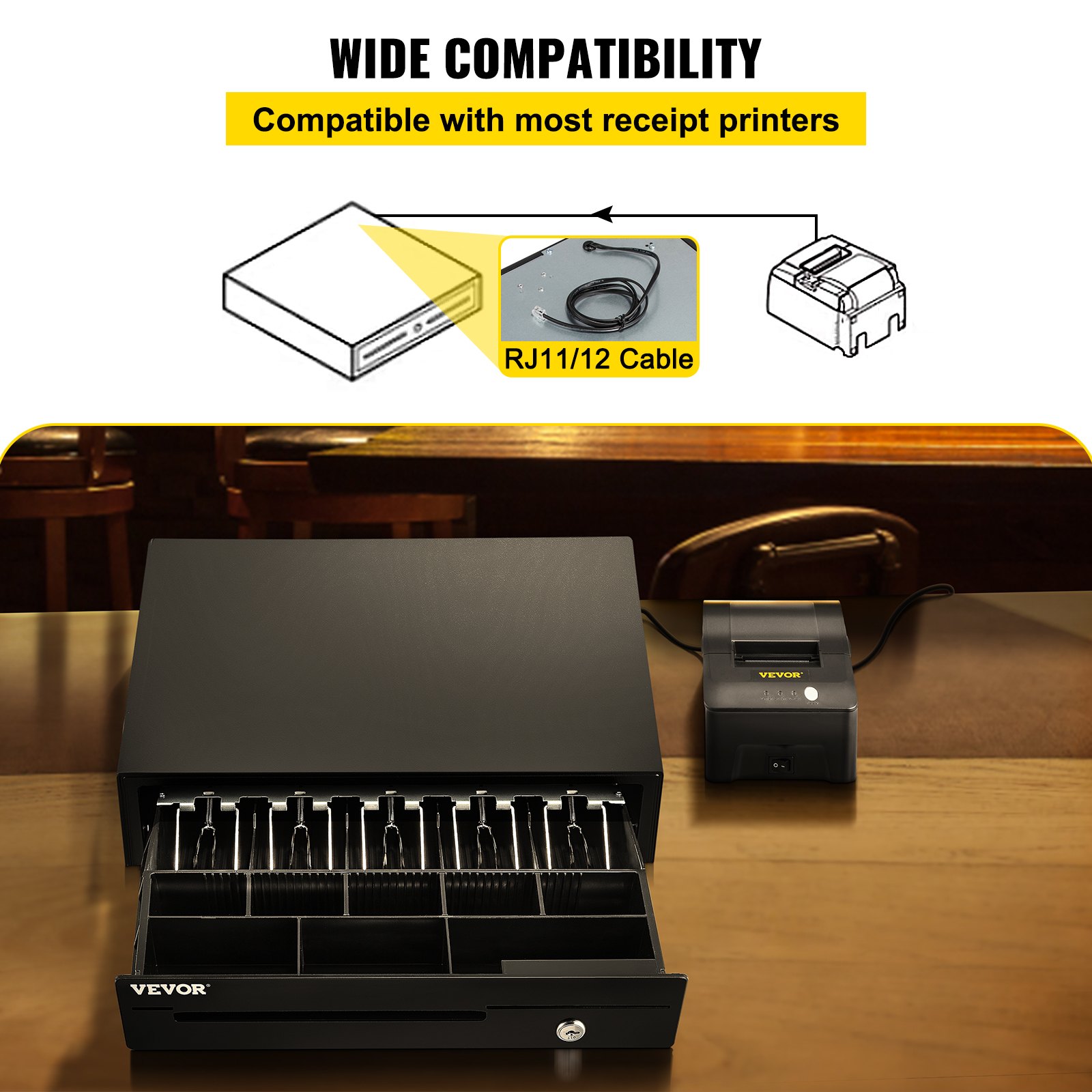 VEVOR Cash Register Drawer, 16\" 12 V, for POS System with 5 Bill 8 Coin Cash Tray, Movable Coin Compartment & 2 Keys Included, RJ11/RJ12 Cable for Supermarket, Bar, Coffee Shop, Restaurant (USD Only)