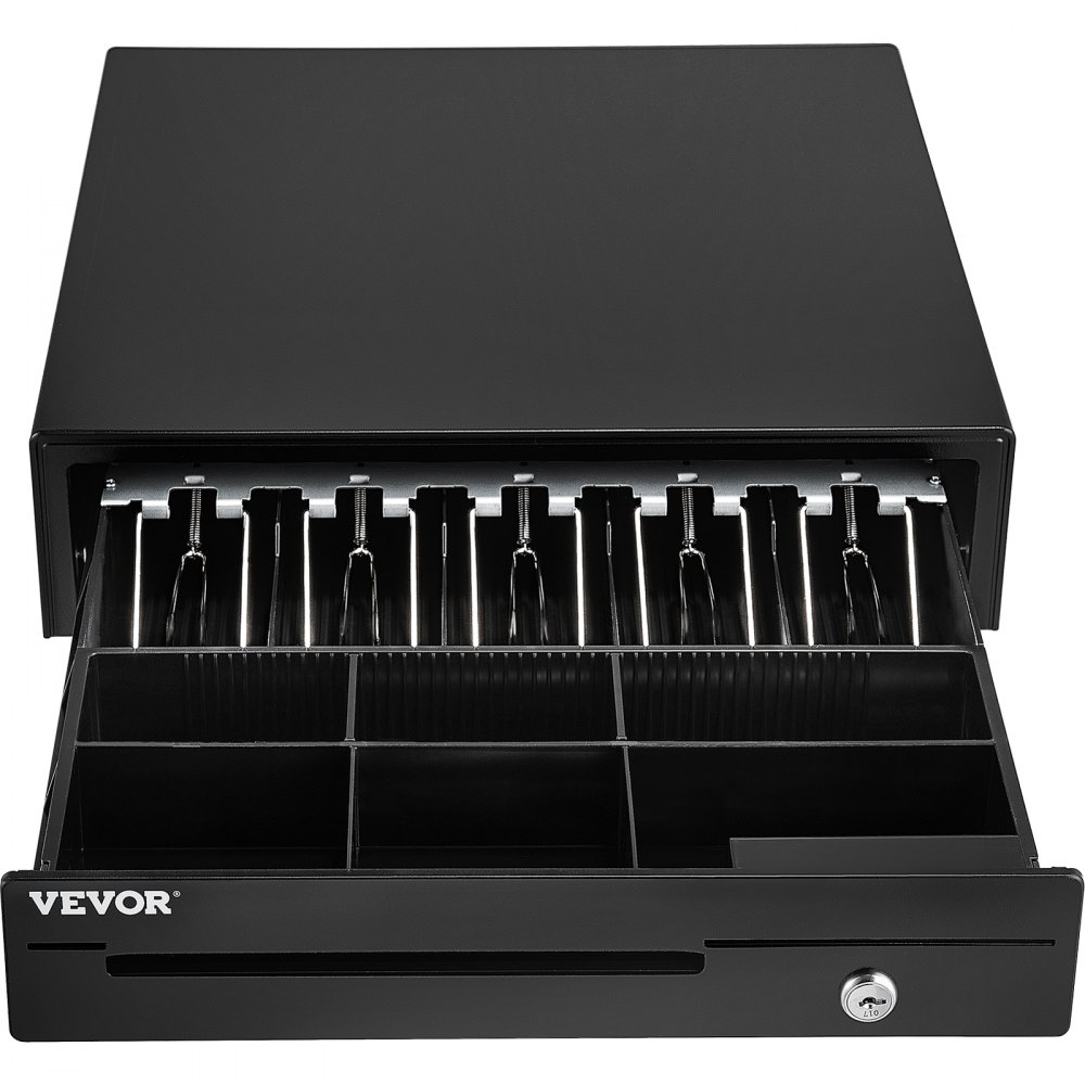 VEVOR cash register drawer with open compartments for bills and coins, featuring a secure lock system.