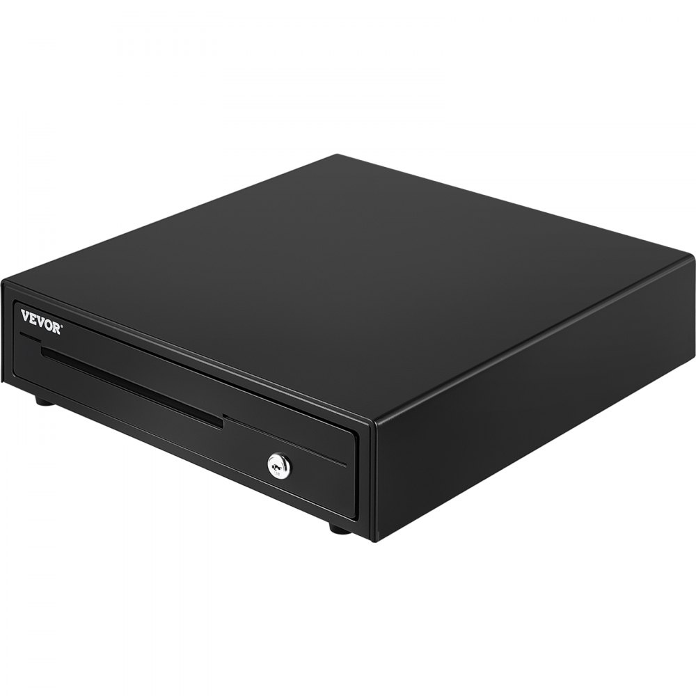 black VEVOR cash register drawer with lock, front slot for bills, and logo on the front panel.