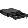 VEVOR cash register drawer with lock and open compartments for bills and coins.