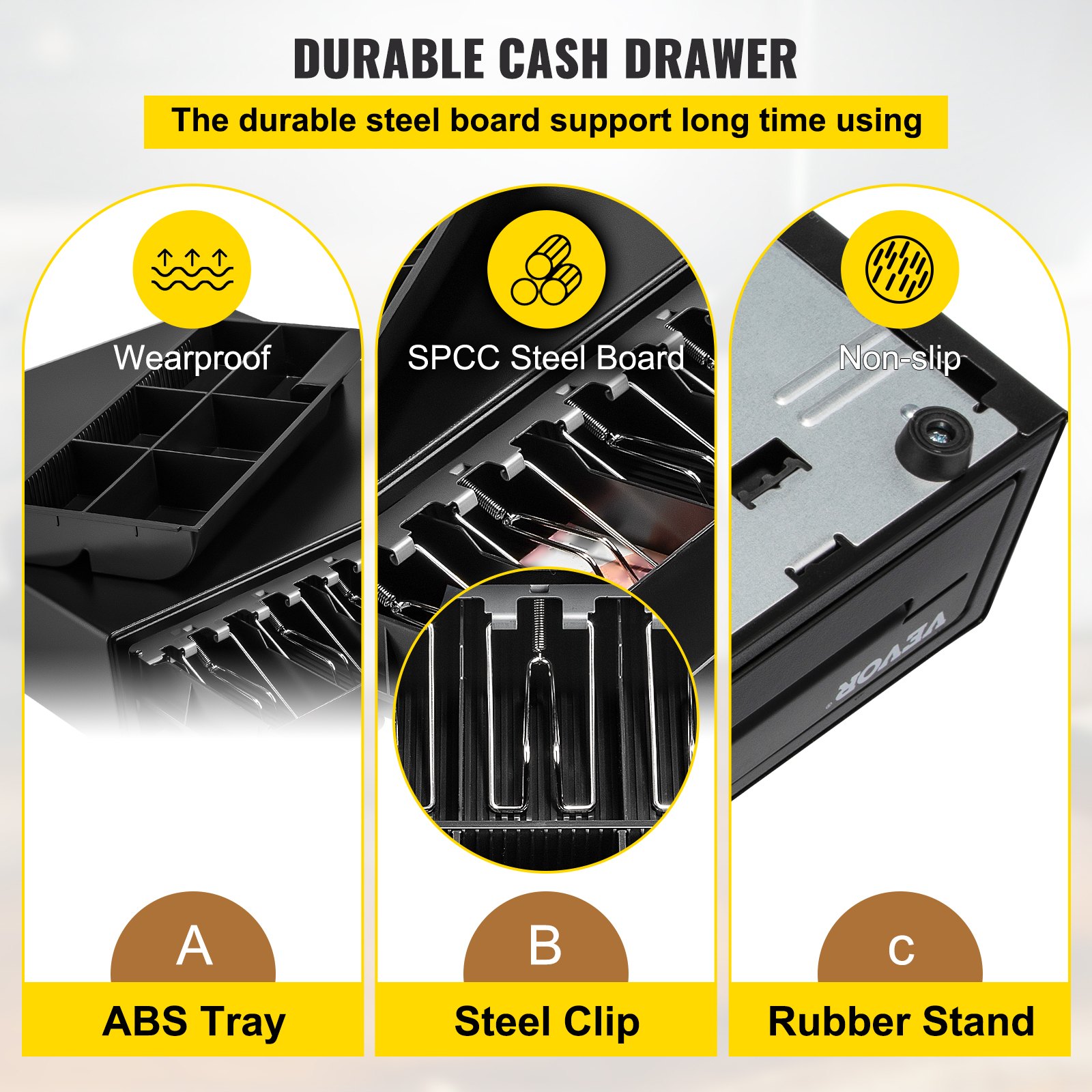 VEVOR cash register drawer features abs tray, steel clip, spcc steel board, and non-slip rubber stand.