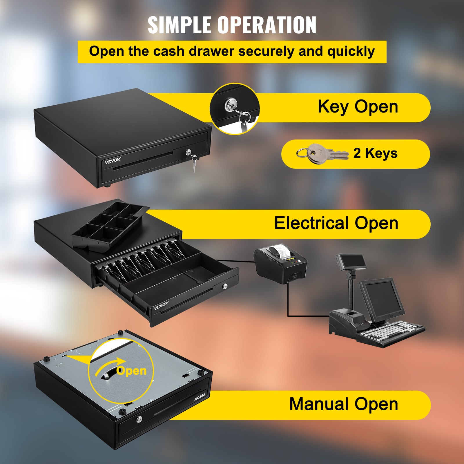 VEVOR cash register drawer with key, electrical, and manual open functions for secure, quick access.