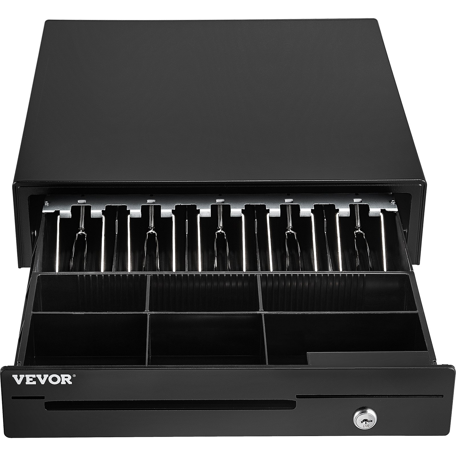 VEVOR cash register drawer with open compartments for bills and coins, featuring a secure lock system.