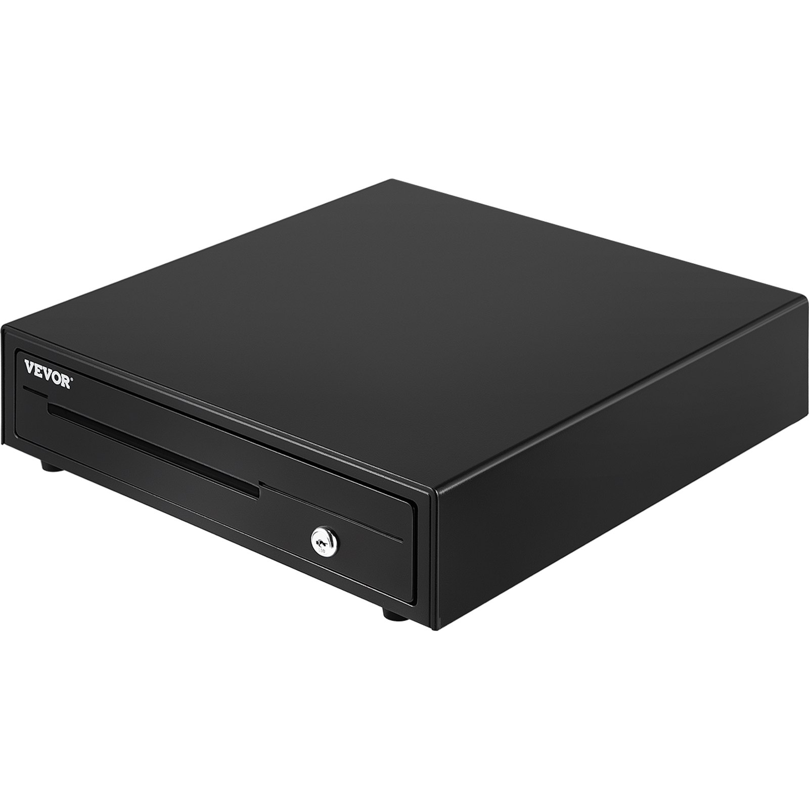 black VEVOR cash register drawer with lock, front slot for bills, and logo on the front panel.