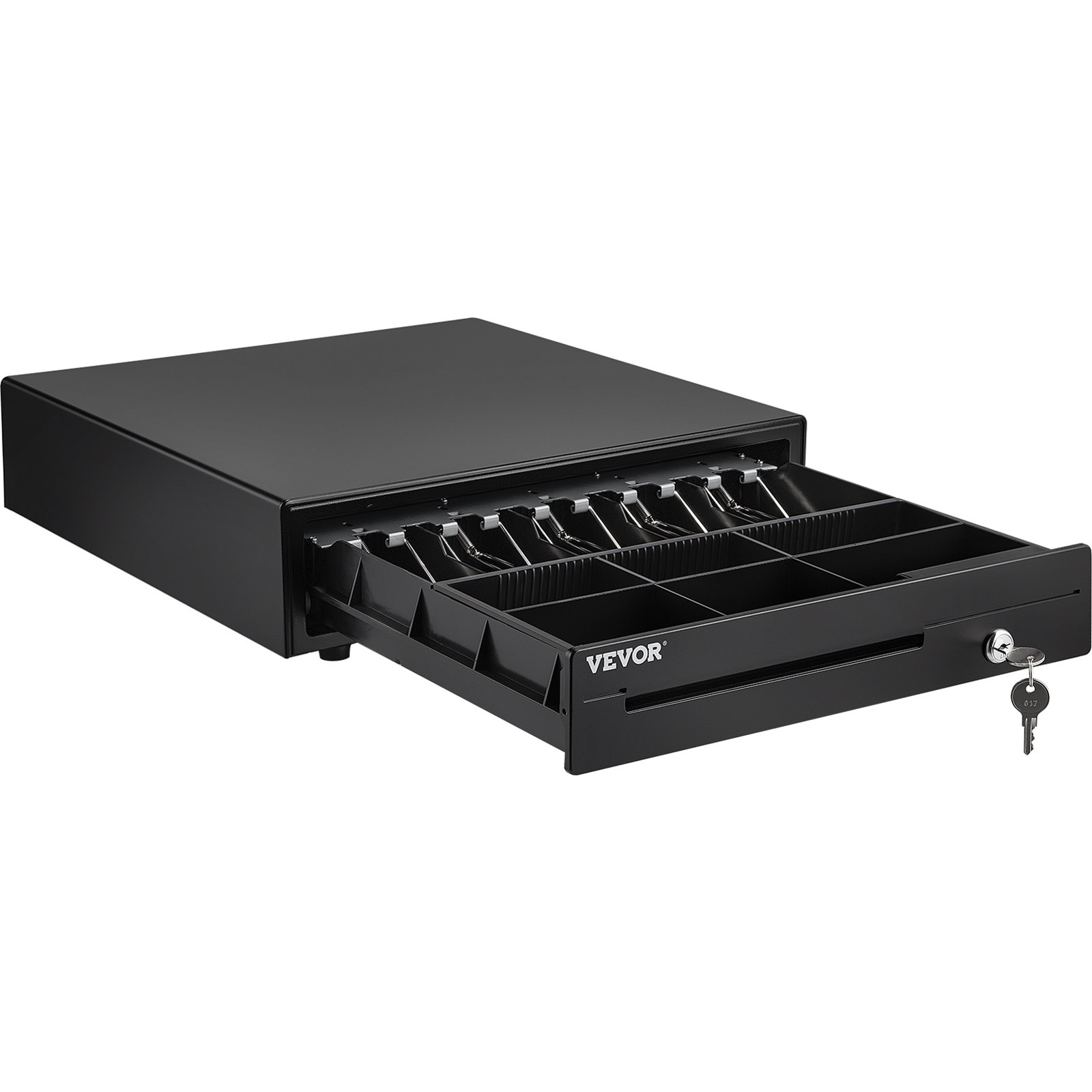 VEVOR cash register drawer with lock and open compartments for bills and coins.