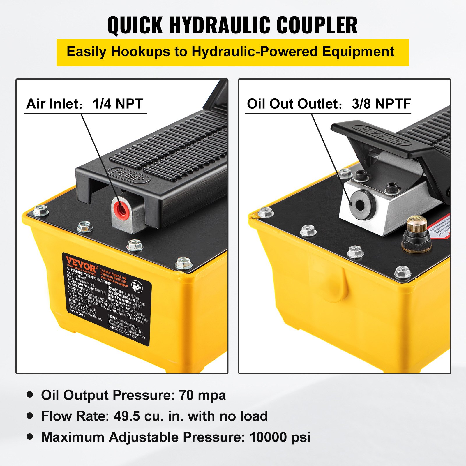 VEVOR air hydraulic pump with quick hydraulic coupler, oil inlet/outlet, and specs displayed.
