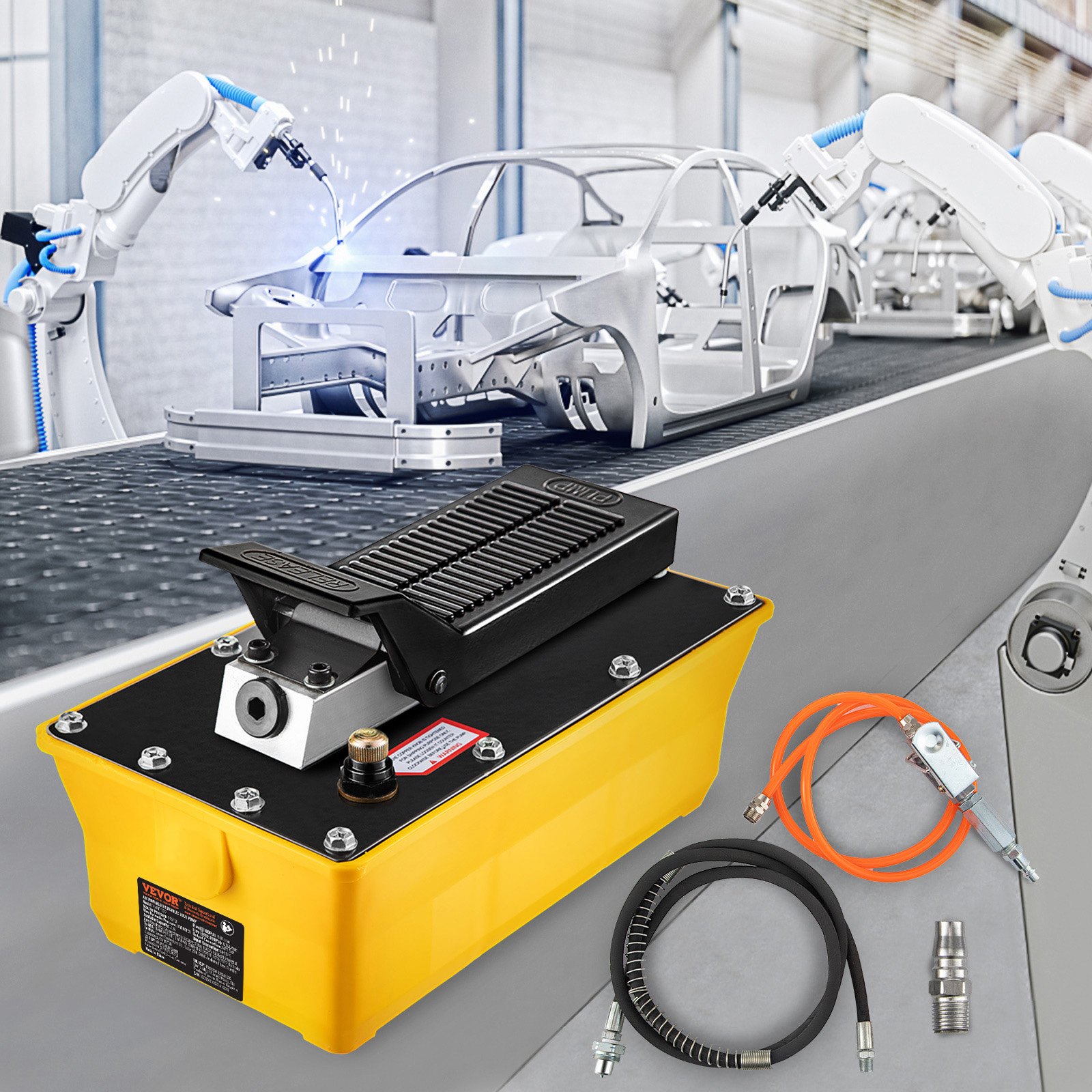 VEVOR air hydraulic pump near robotic assembly line for car manufacturing.