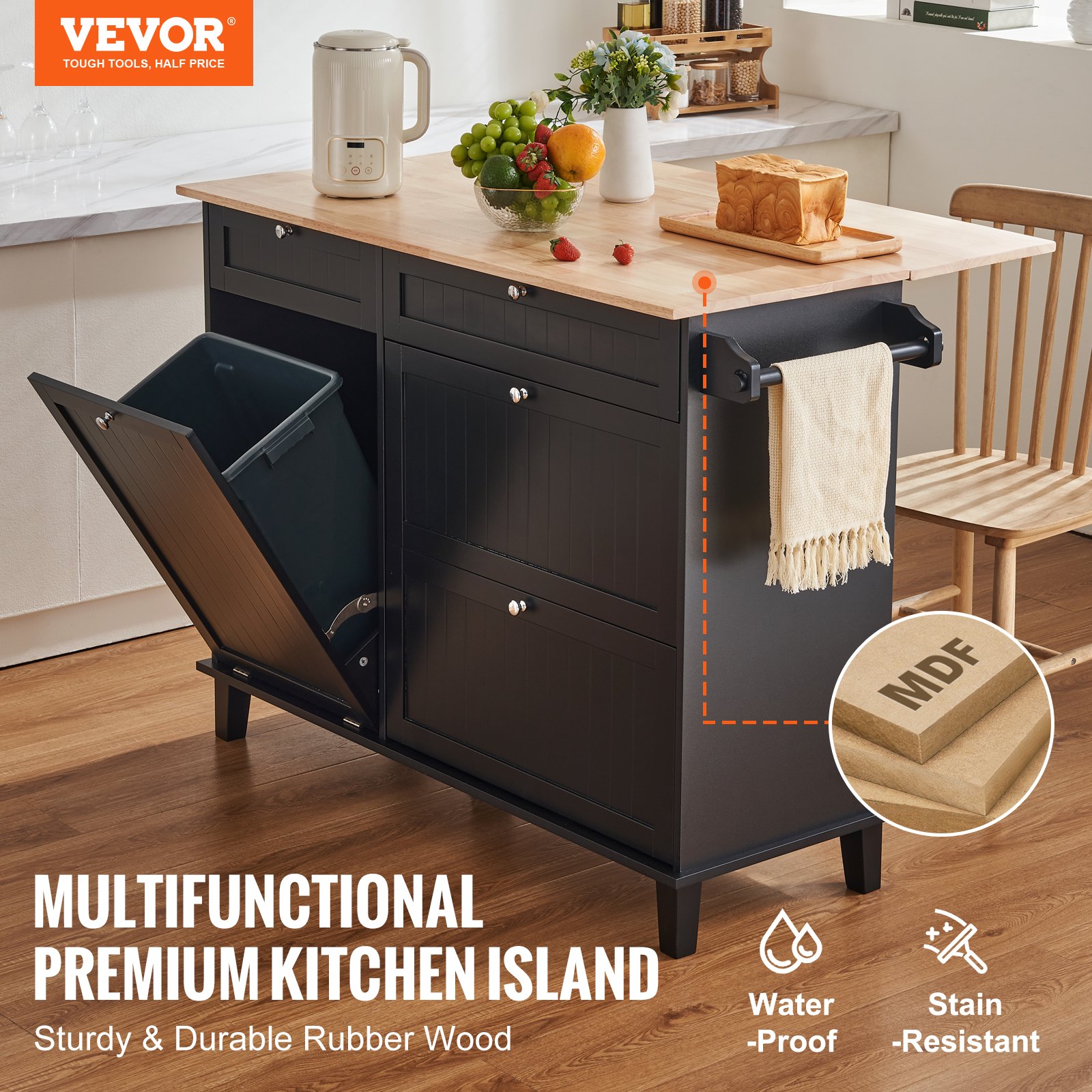 VEVOR Kitchen Island Cart, 50" Wood Top Breakfast Bar with Trash Cabinet Tilt Out 10 Gallon Storage, Farmhouse Dining Living Room Table with Drop Leaf, Towel Bar, Drawer, Black
