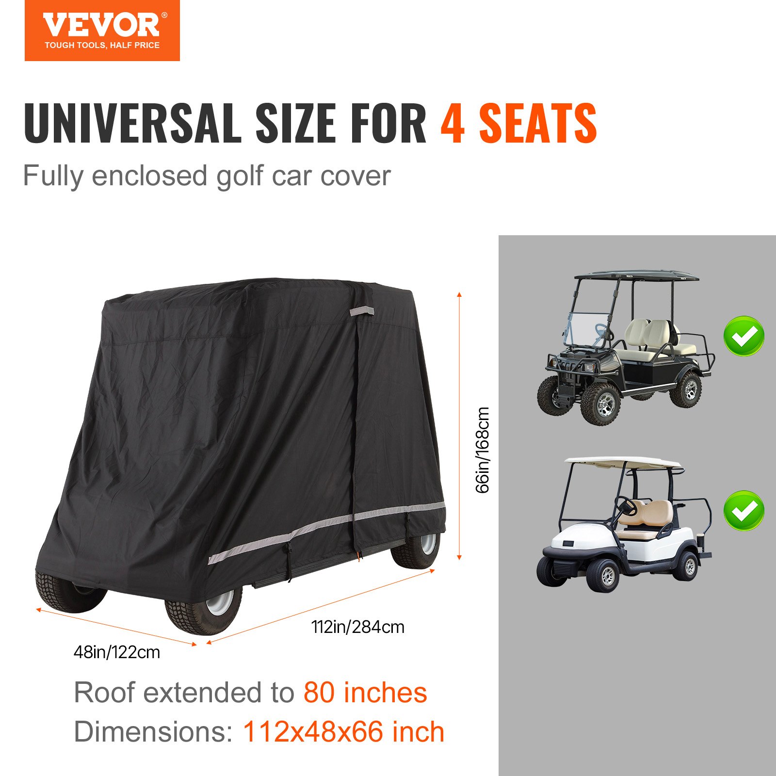 VEVOR 2+2 Passenger Golf Cart Cover, 600D Polyester Full Cover, Suitable for 2+2 Golf Carts, Waterproof, Sunproof, and Dustproof Outdoor Golf Cart Cover with Three Zipper Doors, Black