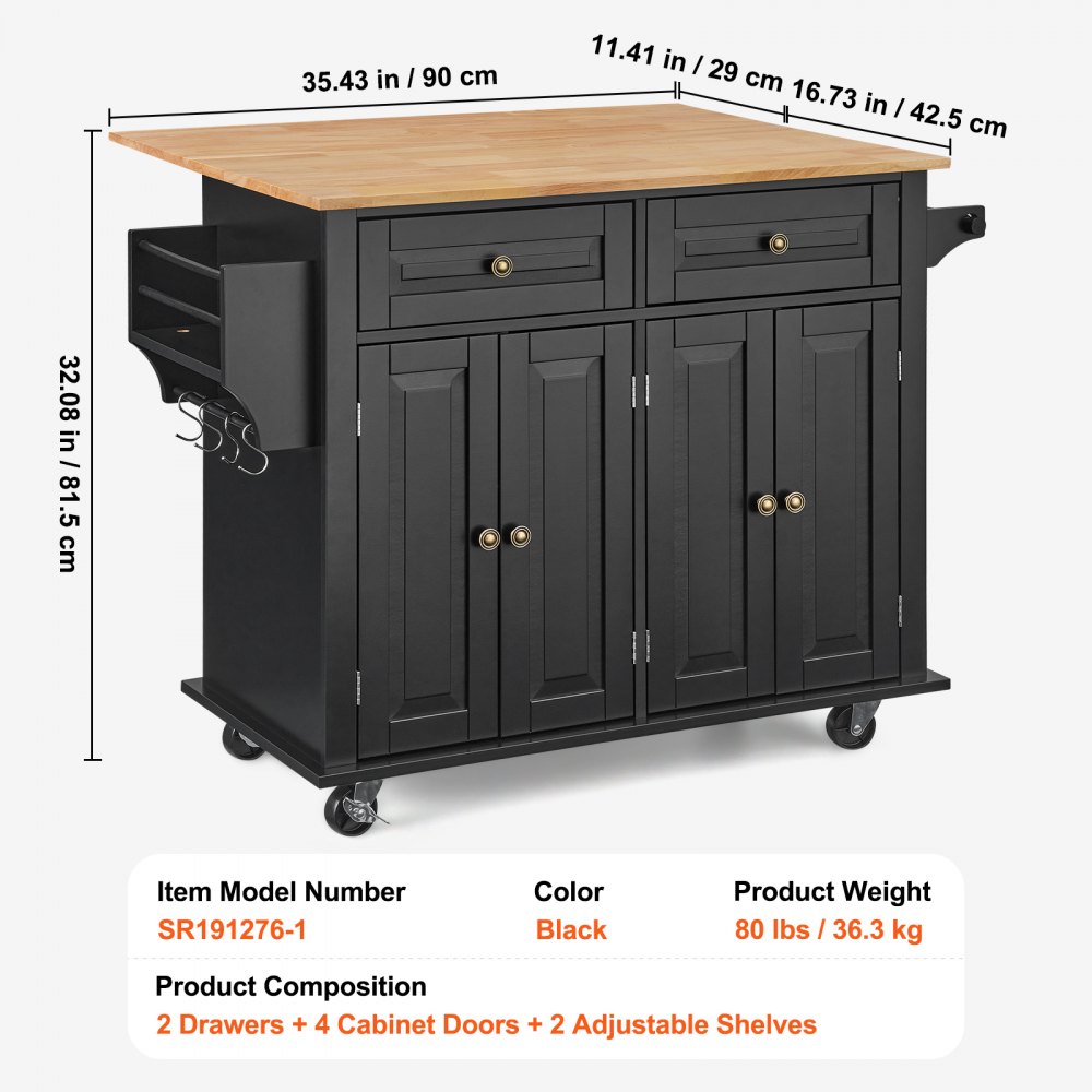 VEVOR Kitchen Island Cart, 43" Wood Top Mobile Carts with Storage Cabinet, Rolling Table with Drop Leaf, Spice Rack, Towel Bar, Adjustable Shelf, Drawer, and Hooks, Portable Islands on Wheels, Black