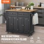 VEVOR kitchen island cart with black cabinets, rubberwood top, storage shelves, and wheels.