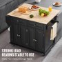 black VEVOR kitchen island cart with wood top, bread, fruit, juice, storage cabinets, and towel holder.