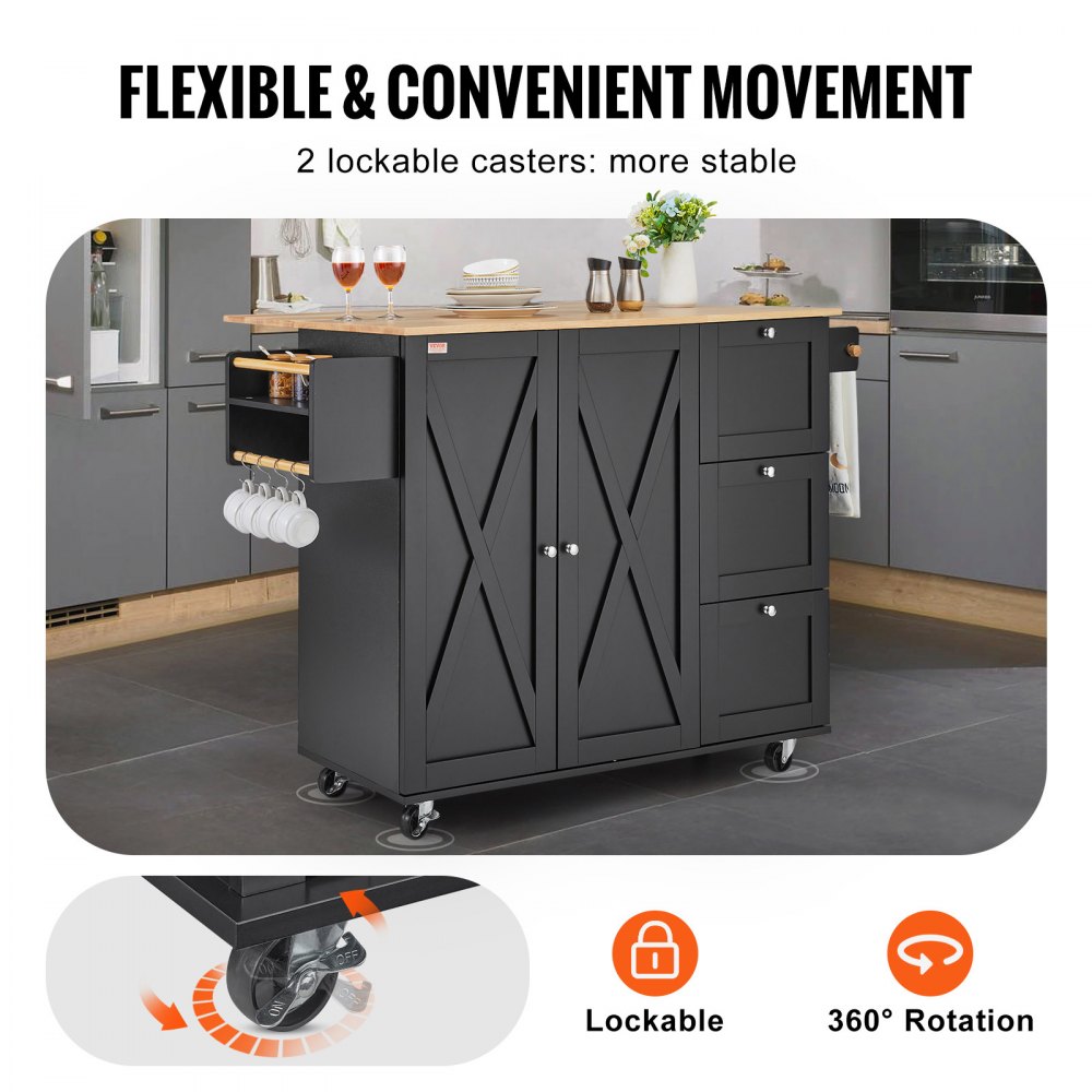 VEVOR Kitchen Island Cart, 56" Wood Top Mobile Carts with Storage Cabinet, Rolling Table with Drop Leaf, Spice Rack, Towel Bar, Adjustable Shelf, Drawer, and Hooks, Portable Islands on Wheels, Black