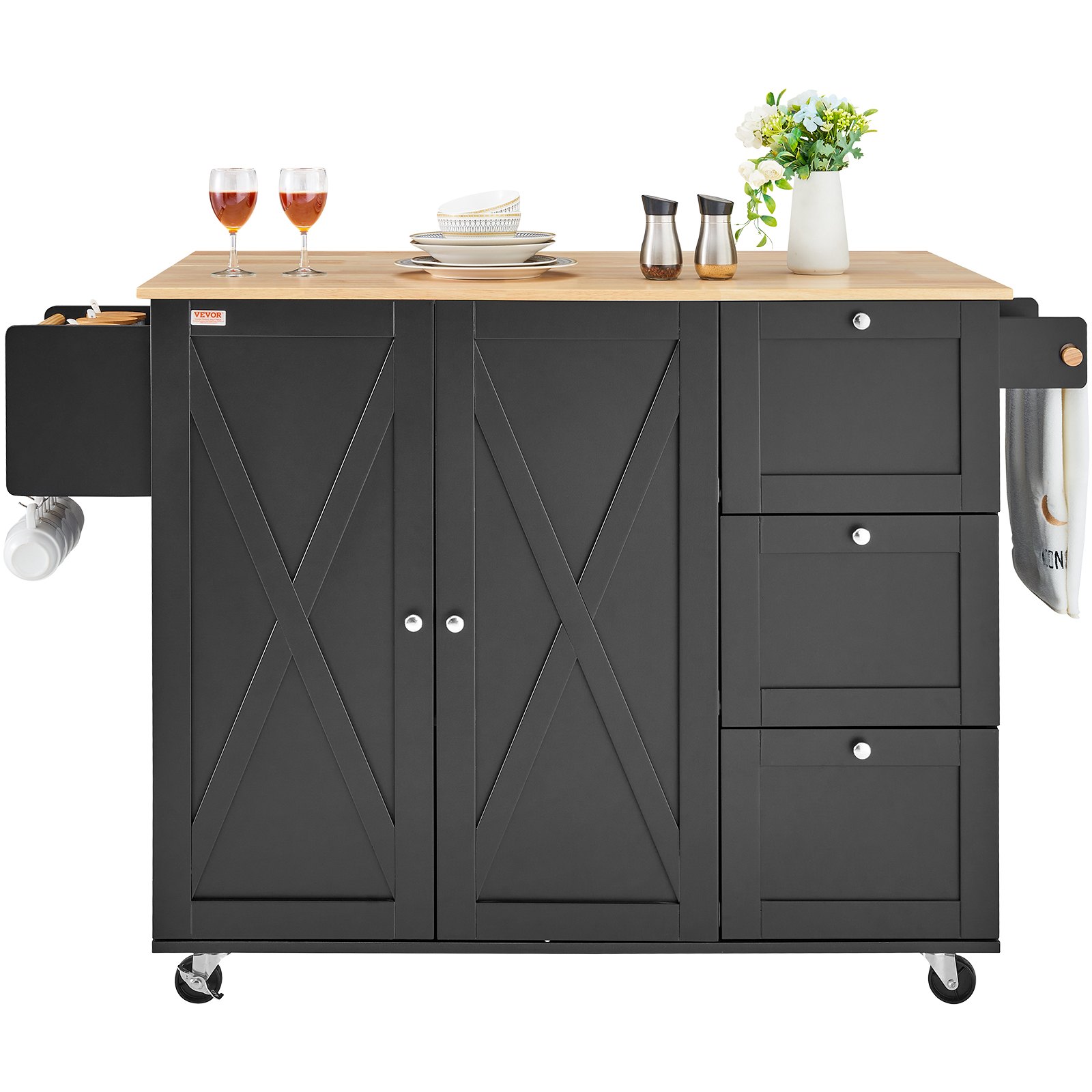VEVOR Kitchen Island Cart, 56" Wood Top Mobile Carts with Storage Cabinet, Rolling Table with Drop Leaf, Spice Rack, Towel Bar, Adjustable Shelf, Drawer, and Hooks, Portable Islands on Wheels, Black