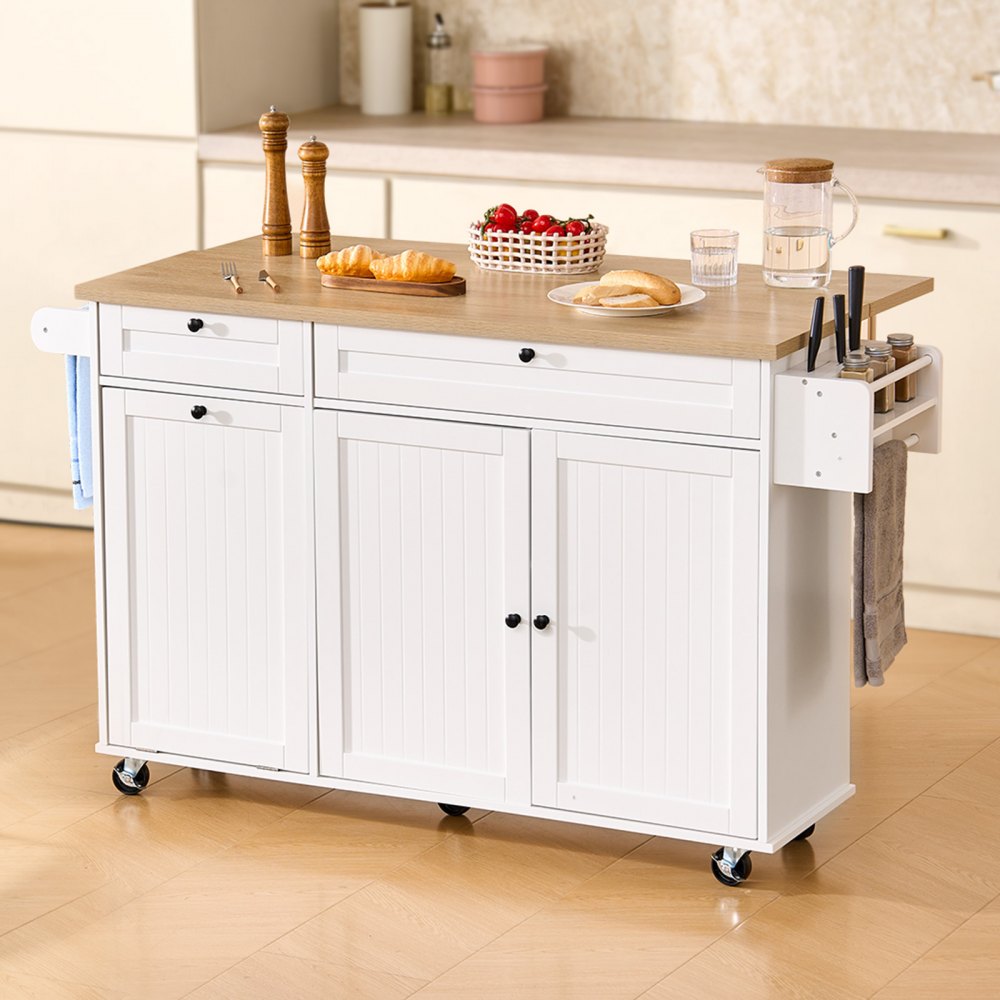 VEVOR - Carrito de cocina con isla y almacenamiento, carrito de cocina móvil de 152 cm de ancho con ruedas, abatible, 2 cajones, contenedor para basura, portacuchillos, especiero y toallero, mesa para comedor y despensa.