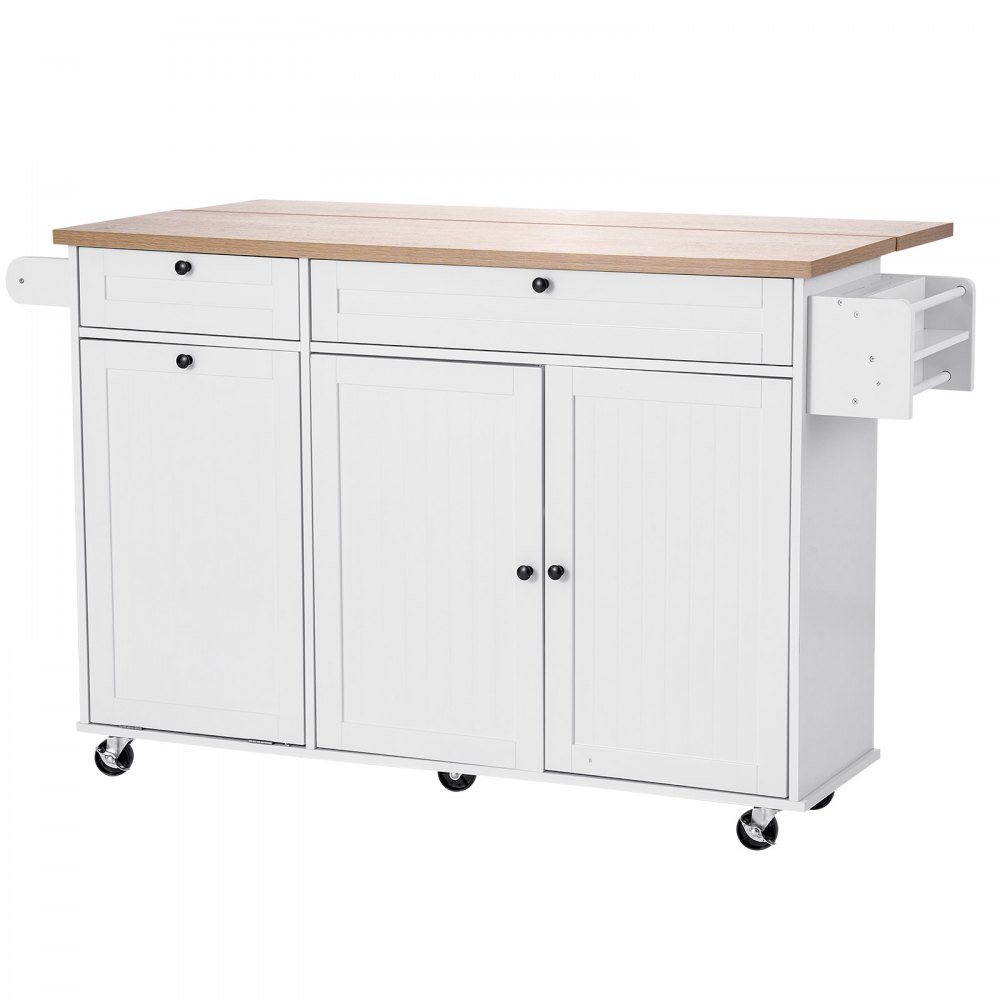 VEVOR - Carrito de cocina con isla y almacenamiento, carrito de cocina móvil de 152 cm de ancho con ruedas, abatible, 2 cajones, contenedor para basura, portacuchillos, especiero y toallero, mesa para comedor y despensa.