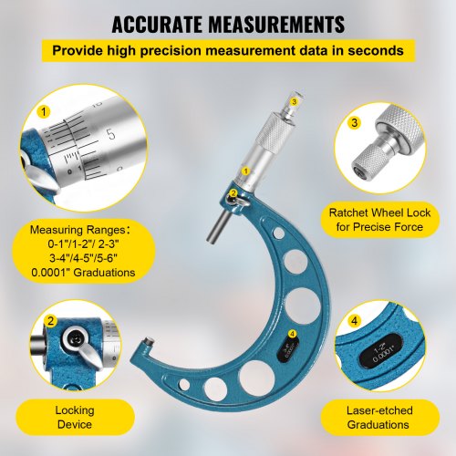 VEVOR Outside Micrometer Set, 0-6" Machinist Micrometer, 0.0001" Graduation Micrometer Set, 6 Pcs Machinist Tool Set, Alloy Precision Micrometer, Laser-etched Micrometer Standard Set with Fitted Case