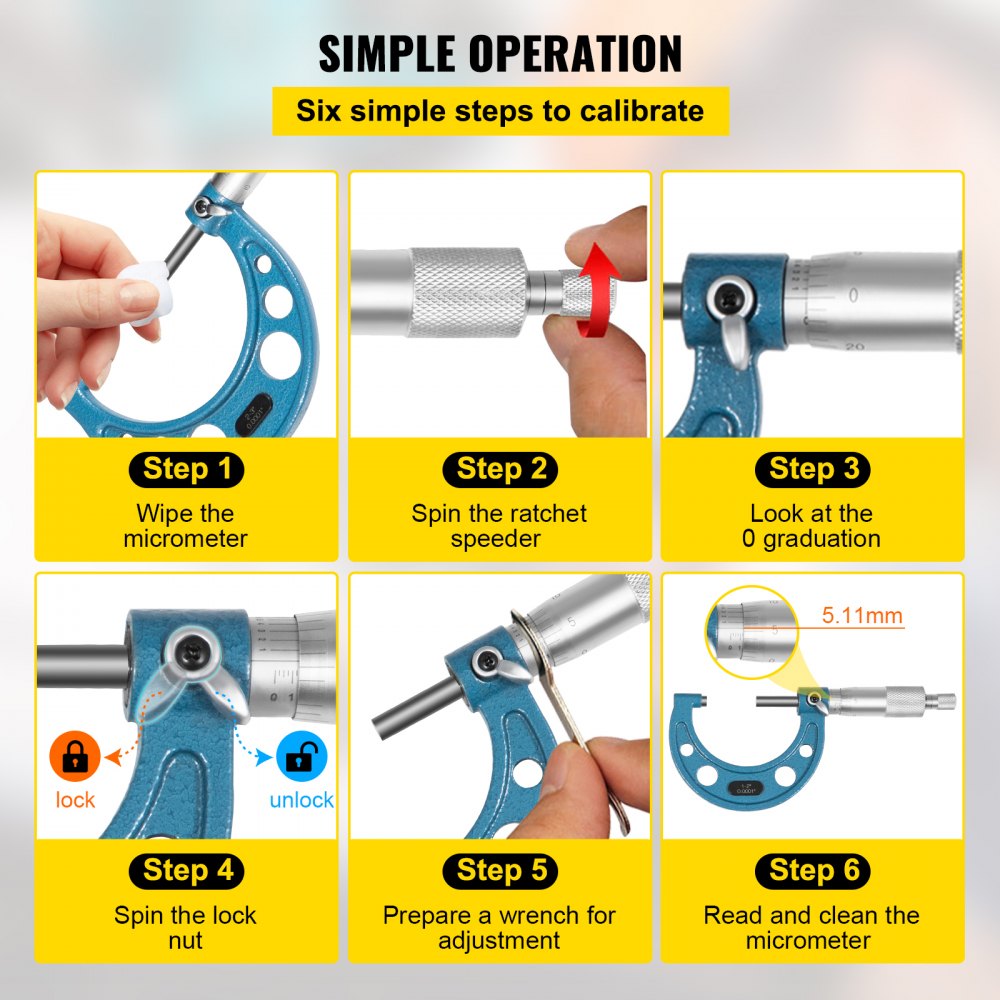 VEVOR Outside Micrometer Set, 0-6" Machinist Micrometer, 0.0001" Graduation Micrometer Set, 6 Pcs Machinist Tool Set, Alloy Precision Micrometer, Laser-etched Micrometer Standard Set with Fitted Case