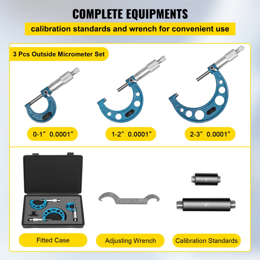 VEVOR Outside Micrometer Set, 0-3" Machinist Micrometer, 0.0001" Graduation Micrometer Set, 3 Pcs Machinist Tool Set, Alloy Precision Micrometer, Laser-Etched Micrometer Standard Set with Fitted Case