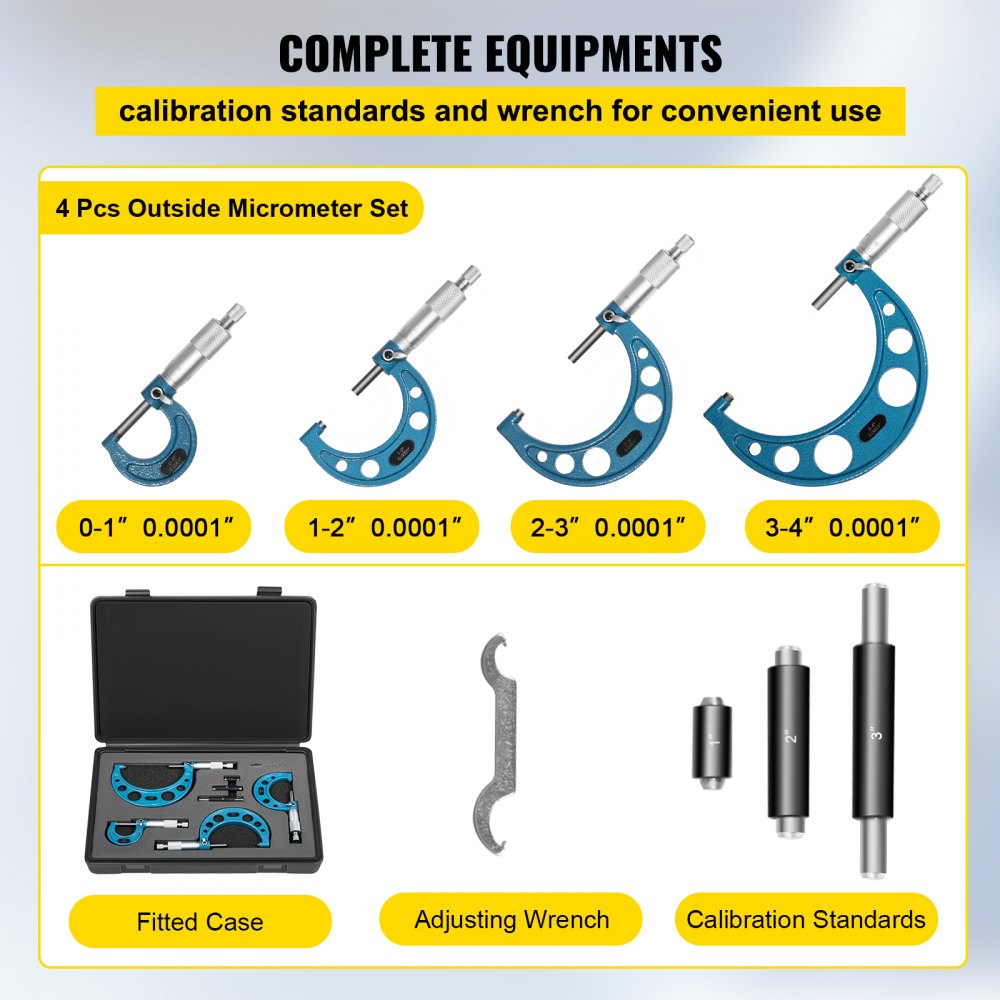 VEVOR Outside Micrometer Set, 0-4" Machinist Micrometer, 0.0001" Graduation Micrometer Set, 4 Pcs Machinist Tool Set, Alloy Precision Micrometer, Laser-Etched Micrometer Standard Set with Fitted Case