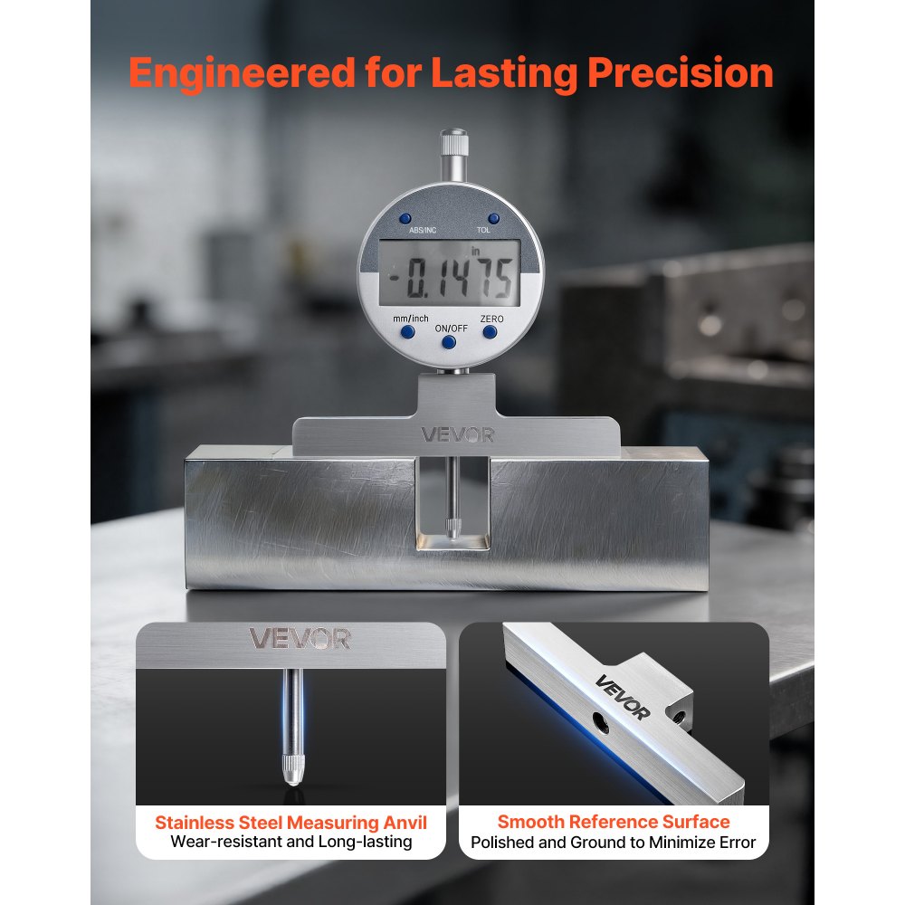 VEVOR Depth Gauge, Depth Micrometer Digital Electronic Indicator 0-558.8 mm Measuring Range, 0.01 mm Resolution, Precision Unit Conversion with 4 Anvils, Measuring Tool for Groove, Step, Hole