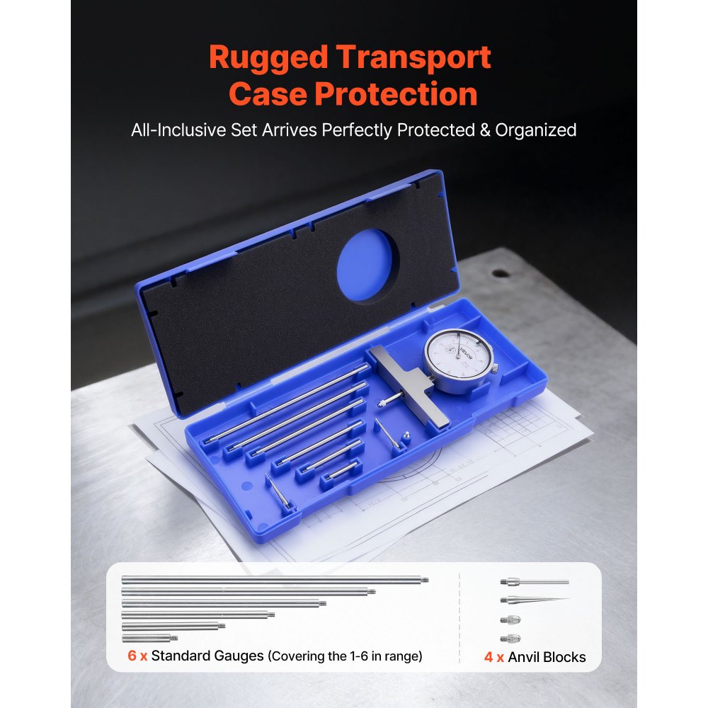 VEVOR Depth Gauge, Depth Micrometer 0-22 in Measuring Range, 0.001 in Resolution, with 4 Anvils & 6 Standard Rods, Precision Easy to Read Mechanical Tool for Measuring Groove, Step, Hole