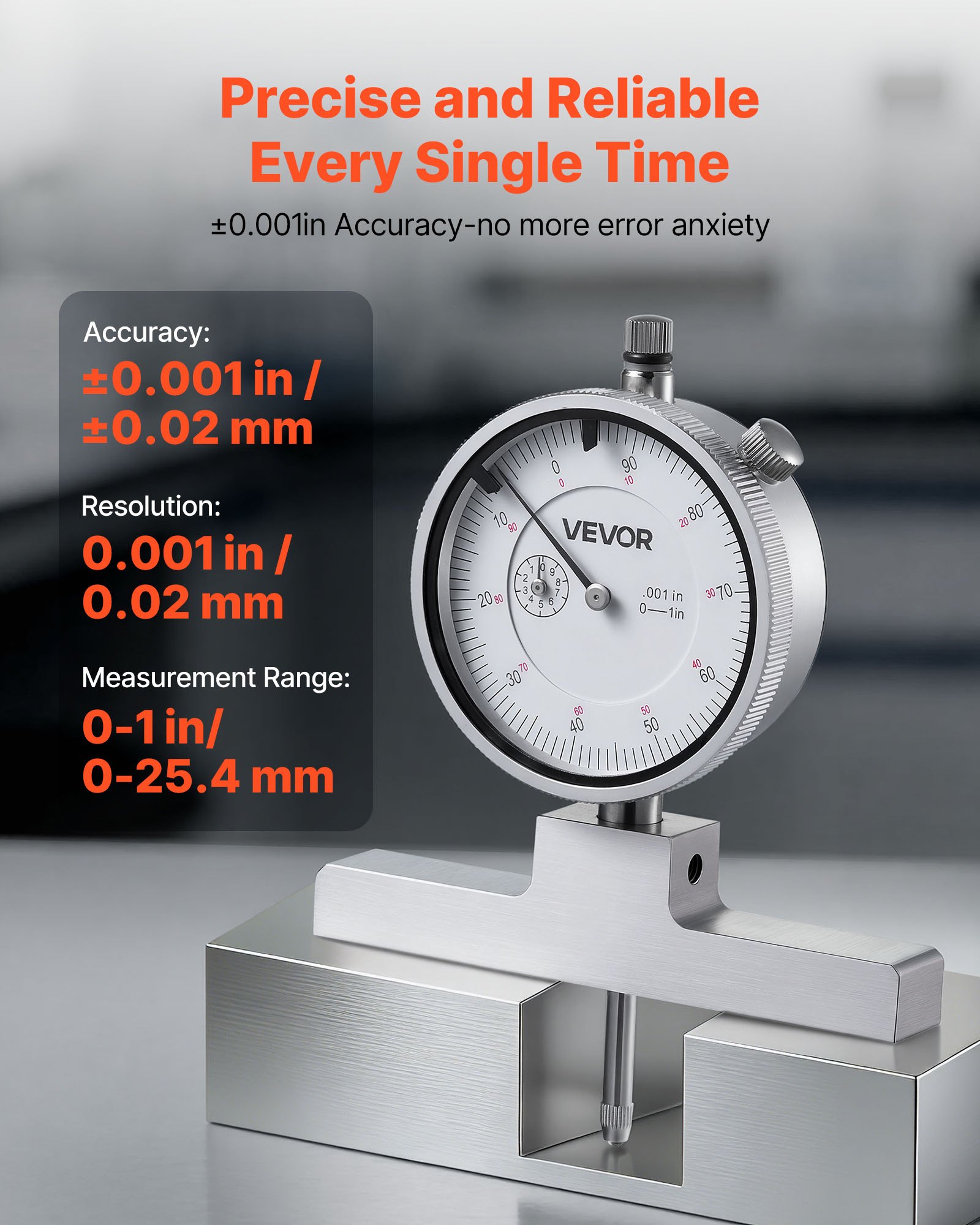 VEVOR Depth Gauge, Depth Micrometer 0-22 in Measuring Range, 0.001 in Resolution, with 4 Anvils & 6 Standard Rods, Precision Easy to Read Mechanical Tool for Measuring Groove, Step, Hole