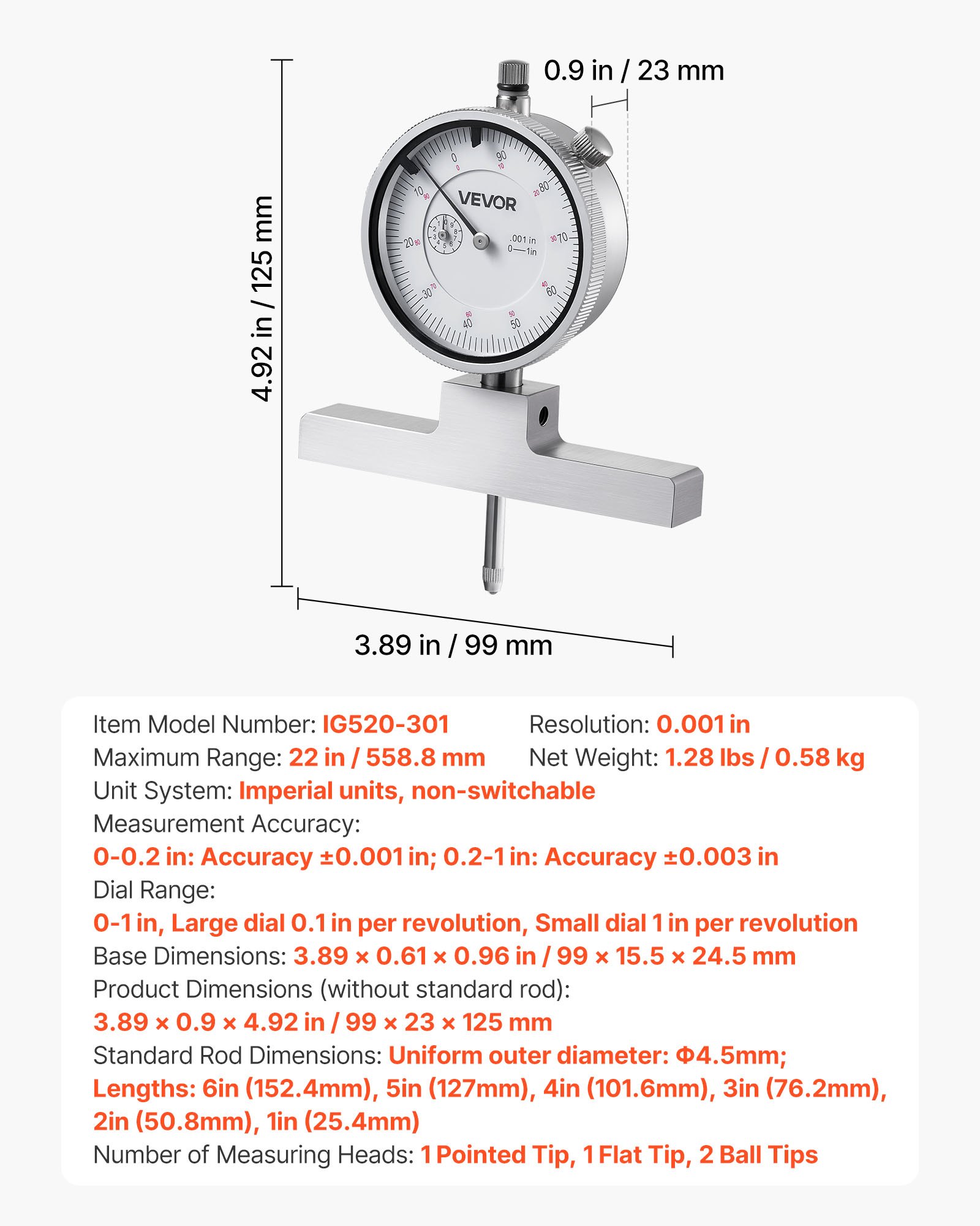 VEVOR Depth Gauge, Depth Micrometer 0-22 in Measuring Range, 0.001 in Resolution, with 4 Anvils & 6 Standard Rods, Precision Easy to Read Mechanical Tool for Measuring Groove, Step, Hole