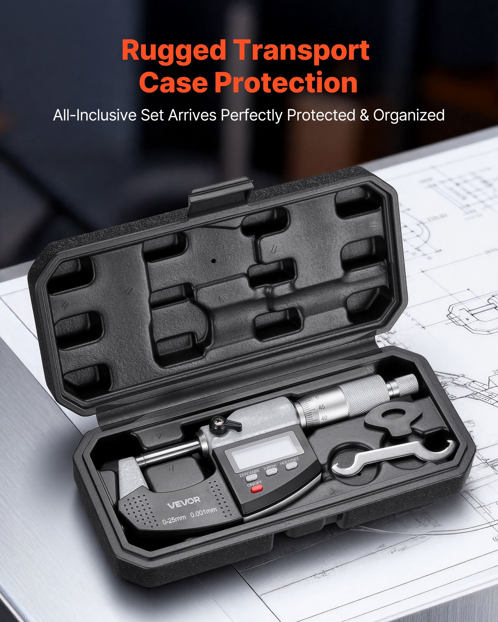 VEVOR Micrometer Set, Digital Outside Micrometer 0-25.4 mm Measuring Range, 0.001 mm Resolution, Ultra-Precision Accuracy, LCD Screen, in/mm Switch, Carbide Tip, with Protective Case