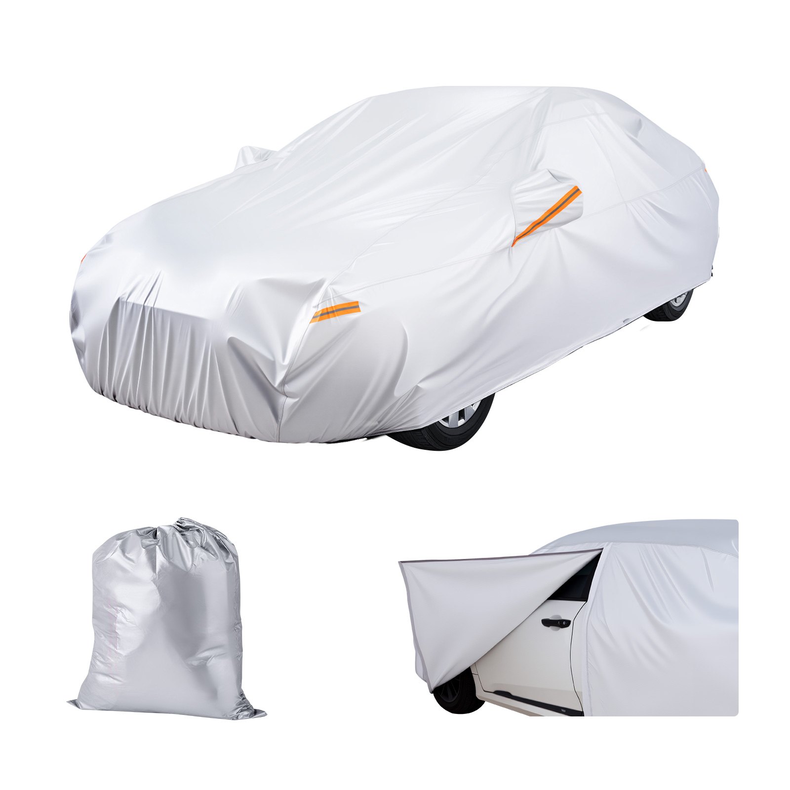 VEVOR Car Cover, Car Cover Waterproof for Mid Size European Sedan Cars Models, Custom-fit All Weather Sun Rain Wind Dust Snow Protection Full Exterior Covers with Door Zipper and Cotton Lining, Silver