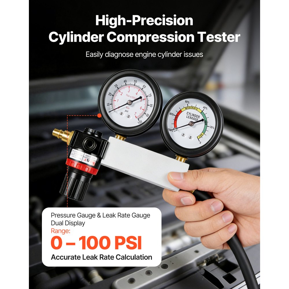 VEVOR Engine Cylinder Compression Tester Kit, Pressure Gauge Range of 0-100 PSI, Automotive Leak Down Tester Kit with 4 Adapters, 2 Metal Tubes, Pressure Check & Leakage Rate Test on Cars, Motorcycles
