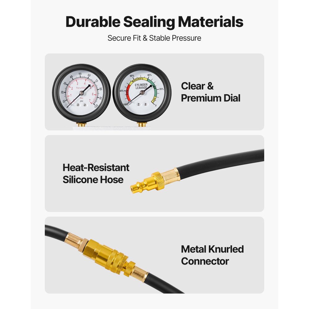 VEVOR Engine Cylinder Compression Tester Kit, Pressure Gauge Range of 0-100 PSI, Automotive Leak Down Tester Kit with 4 Adapters, 2 Metal Tubes, Pressure Check & Leakage Rate Test on Cars, Motorcycles