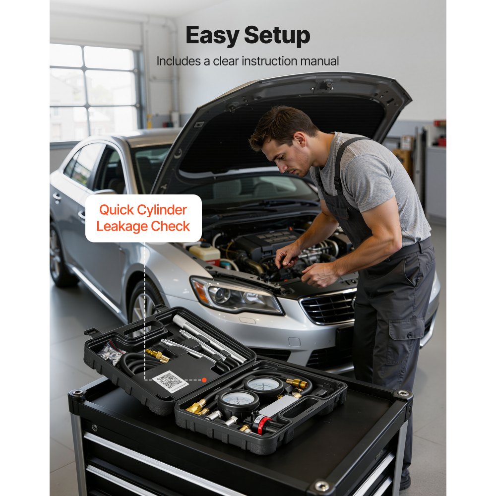 VEVOR Engine Cylinder Compression Tester Kit, Pressure Gauge Range of 0-100 PSI, Automotive Leak Down Tester Kit with 4 Adapters, 2 Metal Tubes, Pressure Check & Leakage Rate Test on Cars, Motorcycles