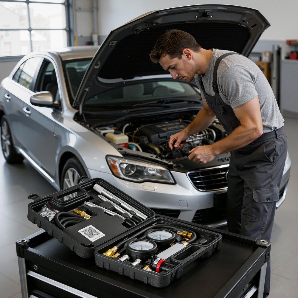 VEVOR Engine Cylinder Compression Tester Kit, Pressure Gauge Range of 0-100 PSI, Automotive Leak Down Tester Kit with 4 Adapters, 2 Metal Tubes, Pressure Check & Leakage Rate Test on Cars, Motorcycles