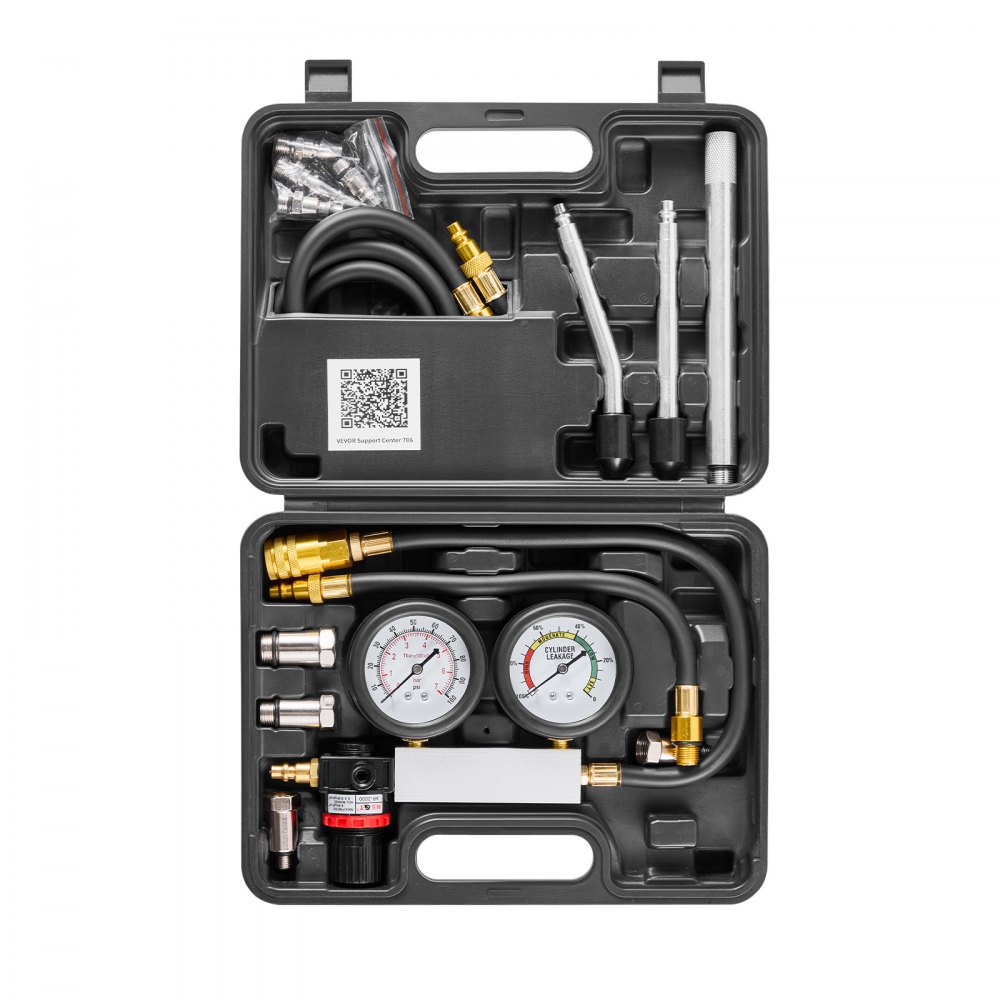 VEVOR Engine Cylinder Compression Tester Kit, Pressure Gauge Range of 0-100 PSI, Automotive Leak Down Tester Kit with 4 Adapters, 2 Metal Tubes, Pressure Check & Leakage Rate Test on Cars, Motorcycles